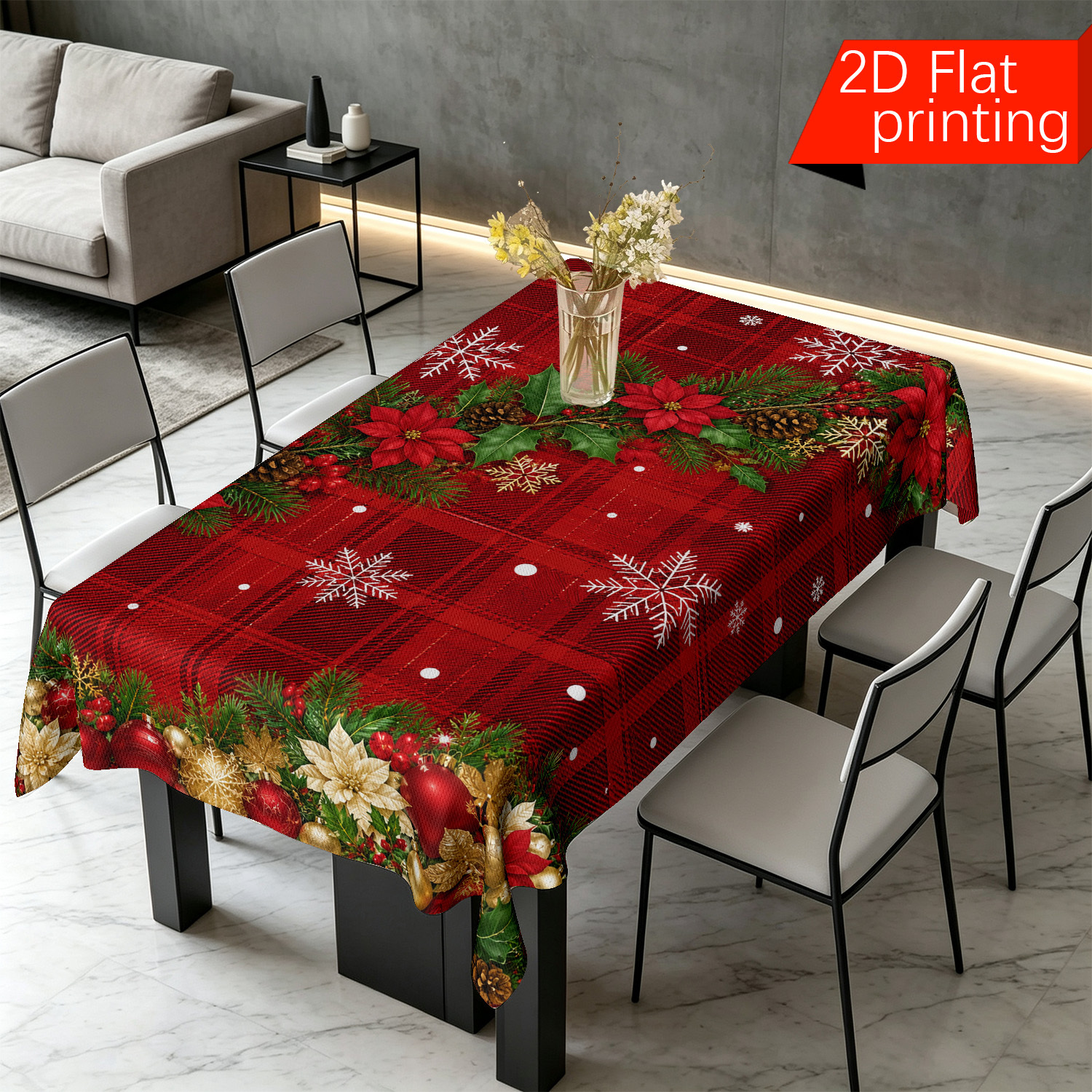 TEMU [2d Flat Printing] Tablecloth, Rectangular Tablecloth 1pc Red Green Golden Christmas Snowflake Wreath Tablecloth, Holiday Christmas Tablecloth,