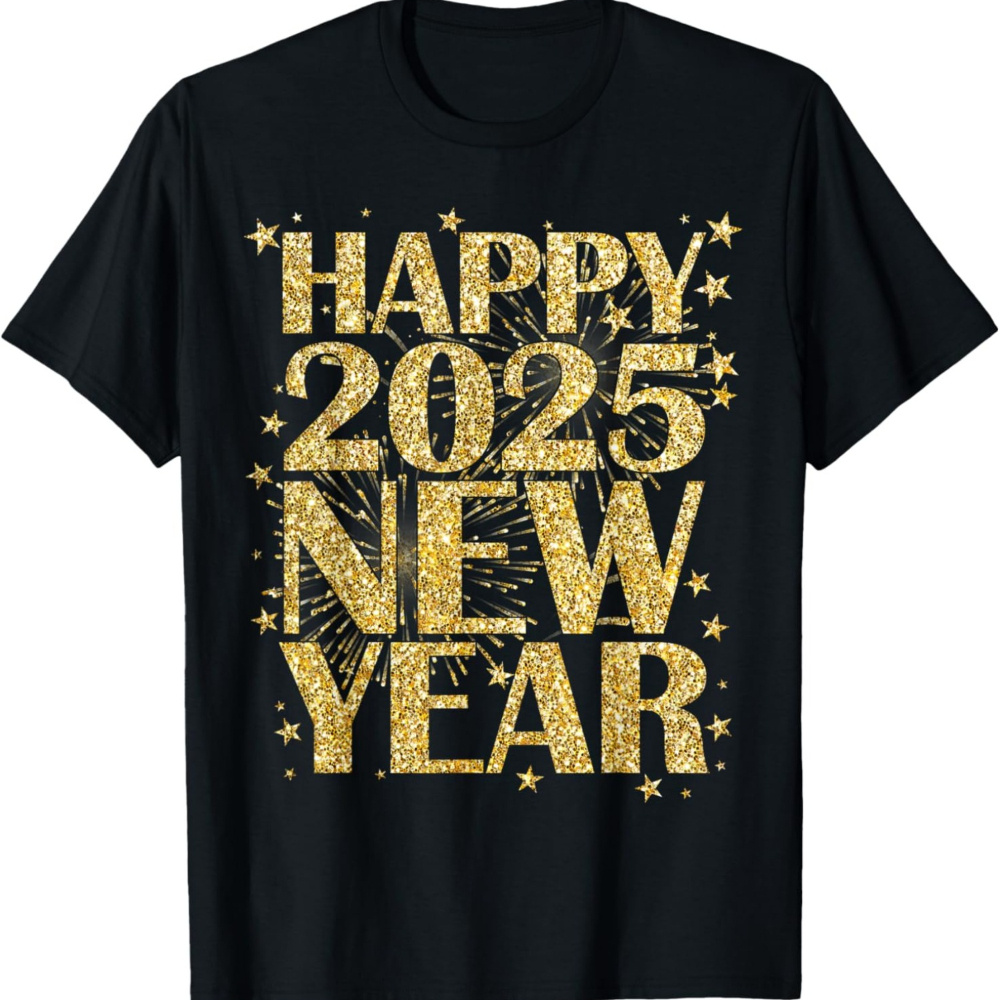 

1pc Men's Casual Cotton T-shirt, Happy New Year 2025 Print, Crew Neck, Short Sleeve, Knit Fabric, Regular Fit, Summer Season, , New Year's Eve Celebration Tee