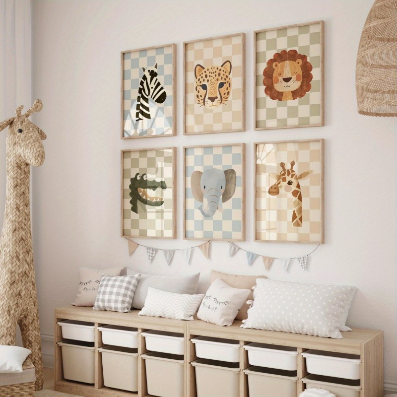 TEMU 2d Flat, 2d Flat, A Set Of 6 Fun Cartoon Wall Decoration Art Pieces, Featuring Animal Illustrations, Forest Animal Themed Canvas Print Posters,