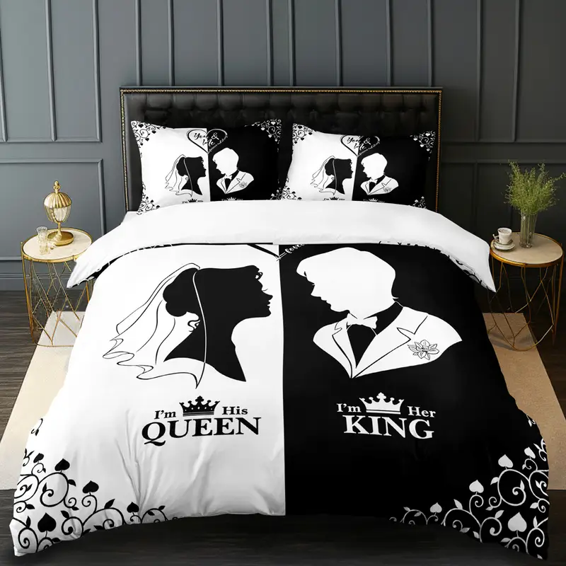 3pcs king queen couple 3 printed duvet cover set wedding bedding set for black and white bedding for bedroom or decor polyester comforter cover gift 1 quilt cover 2 pillowcases Product details 4