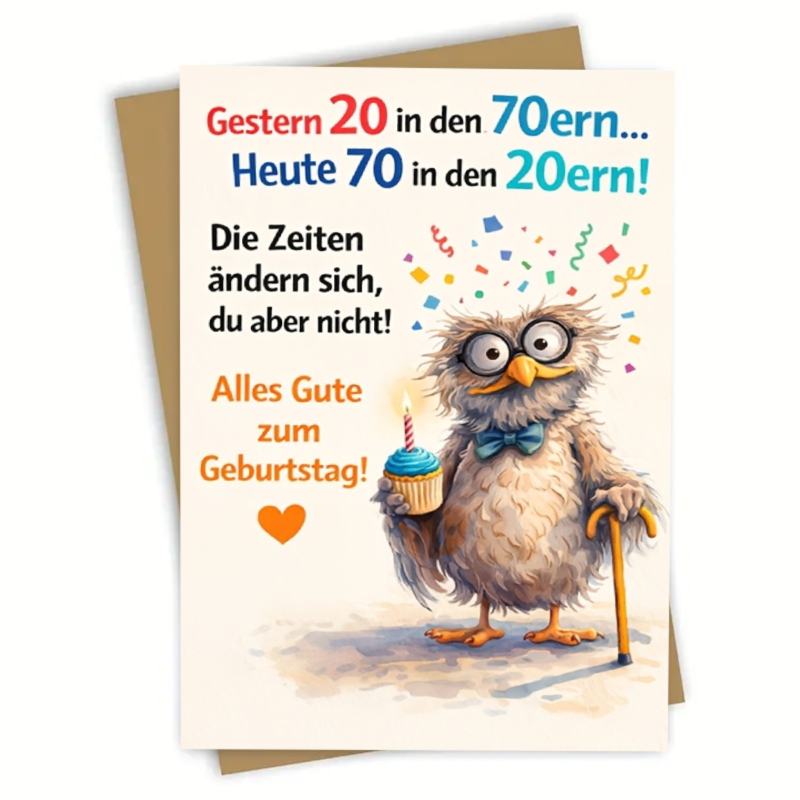 TEMU 1 Geburtstagskarte mit niedlichem Eulen-Aufdruck deutschen Glückwünschen, geeignet als Geschenk für die 70. Geburtstagsfeier