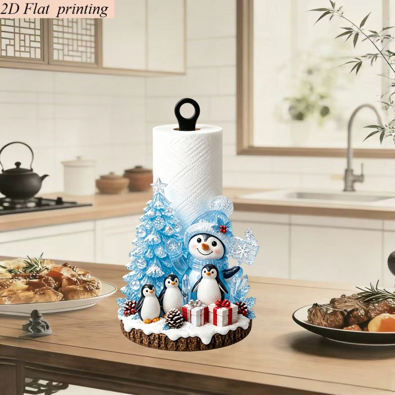 TEMU 2d Flat Printing 1pc Christmas Winter Penguin Themed Kitchen Roll Holder, Acrylic Material, Decorative Vertical Countertop Tissue Storage Rack,