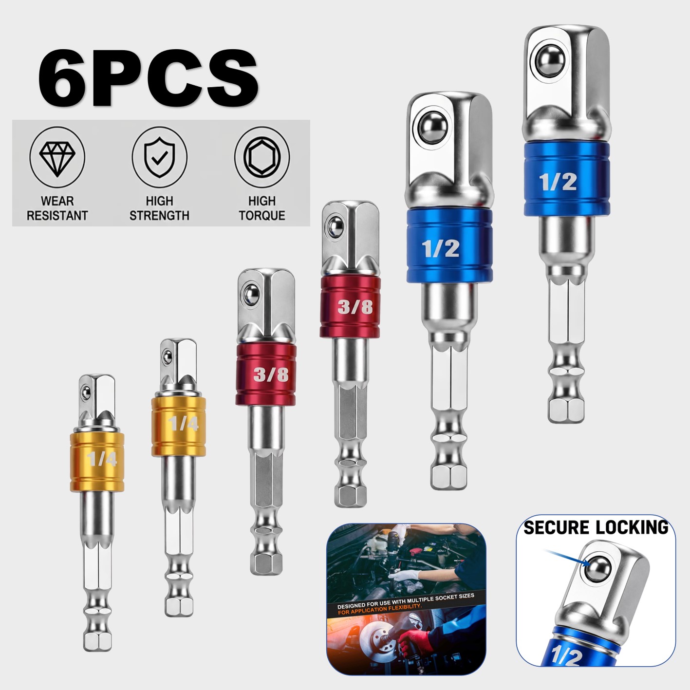 TEMU 6pcs Socket Adapter Extension Bar Set, Color-coded 1/4", 3/8", 1/2" Drive Hex Shank Adapters, For Automotive Repair And Diy