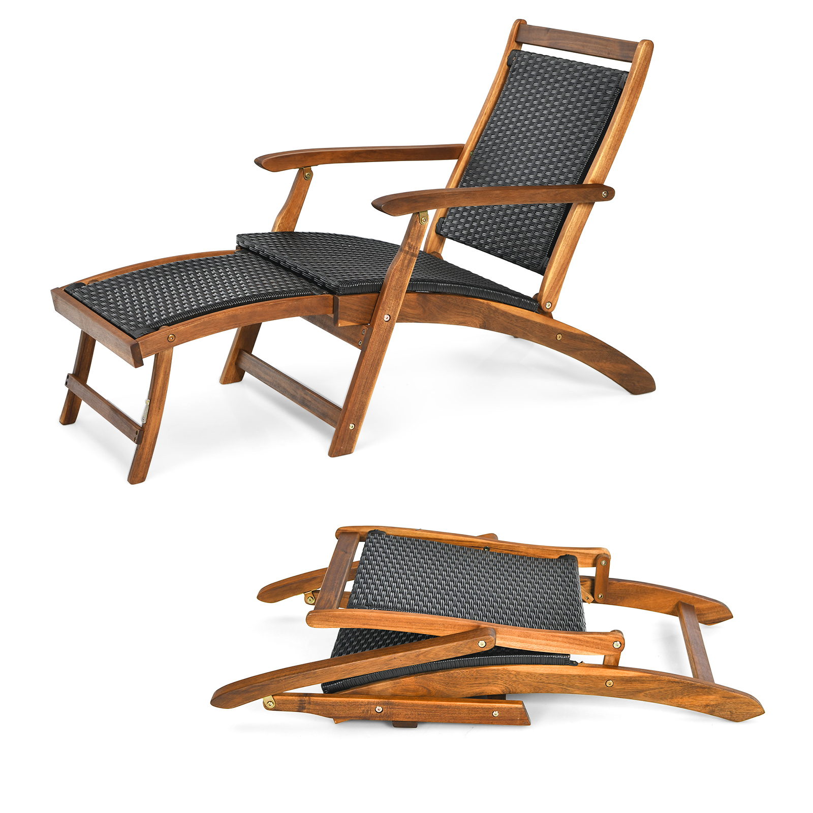 Image of Outdoor Patio Lounge Chair, Folding Acacia Wood Deck Chair With Retractable Footrest, Collapsible Wicker Chaise Lounge For Poolside, Garden, Reddish Brown