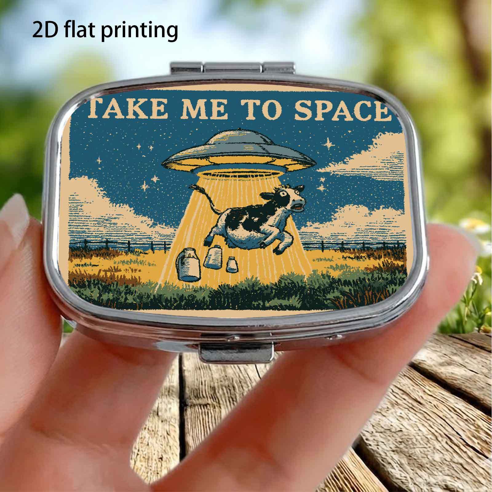 TEMU 1pc, 2d Flat, Retro Distressed Print Ufo Cow Farm To Space Text Pattern, -compartment Small Medicine Box, Portable Medicine Storage, Small
