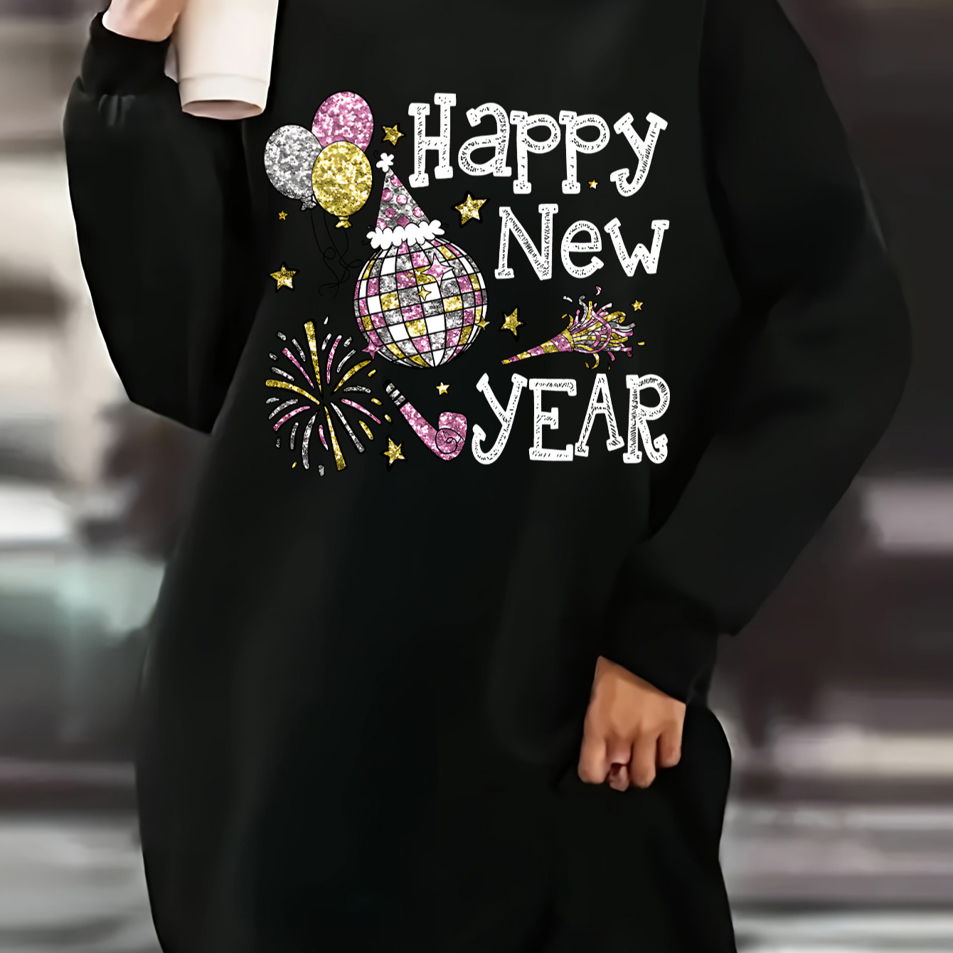 

1pc Women's Casual Polyester Sweatshirt Dress, Long Sleeve Crew Neck With Happy New Year Print, Knit Fabric, Loose Fit For Fall/winter