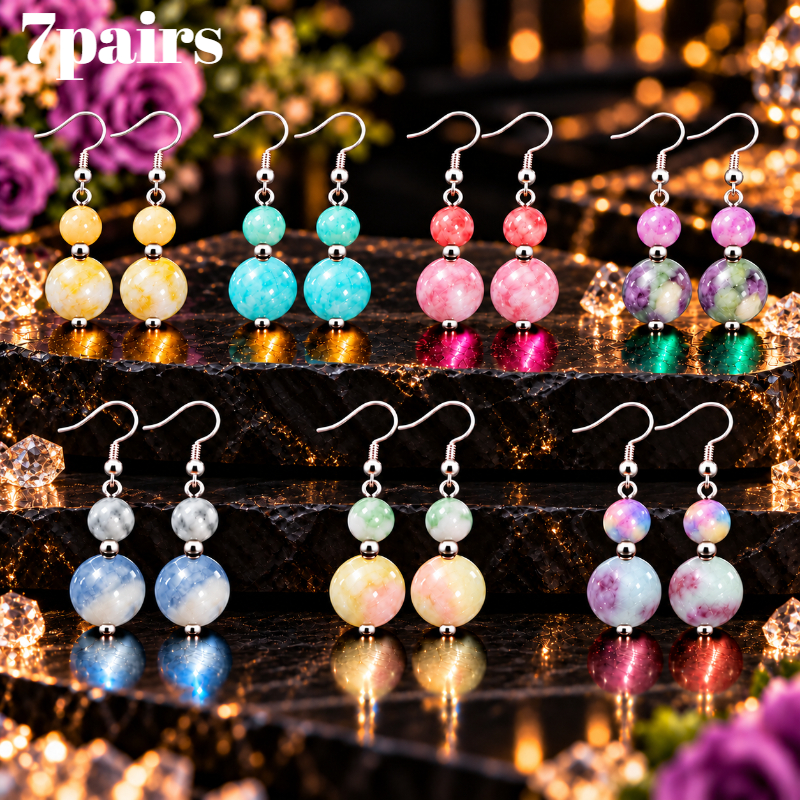 TEMU 7 Pairs Multicolor Ombre Ball Dangle Earrings Set, Dual-color Stacked Long Ear Hooks, Fresh All-match Jewelry, Holiday Gift Women's Complete