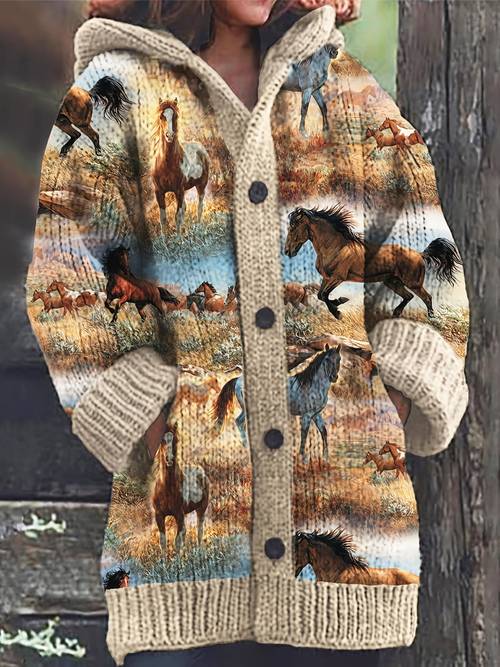 vintage horse print hooded jacket button front casual coat artistic western style coat trendy long sleeve streetwear statement jacket suitable for daily wear and outdoor looks