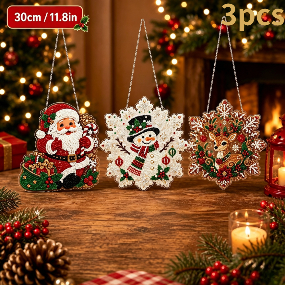 TEMU 2D Platte 3-delige Kerst Parel Diamant Kunst Kit voor Volwassenen, Diamant Schilderen Hangend Ornament, Kant Rand Acryl Zonneschijf, Kerstman,