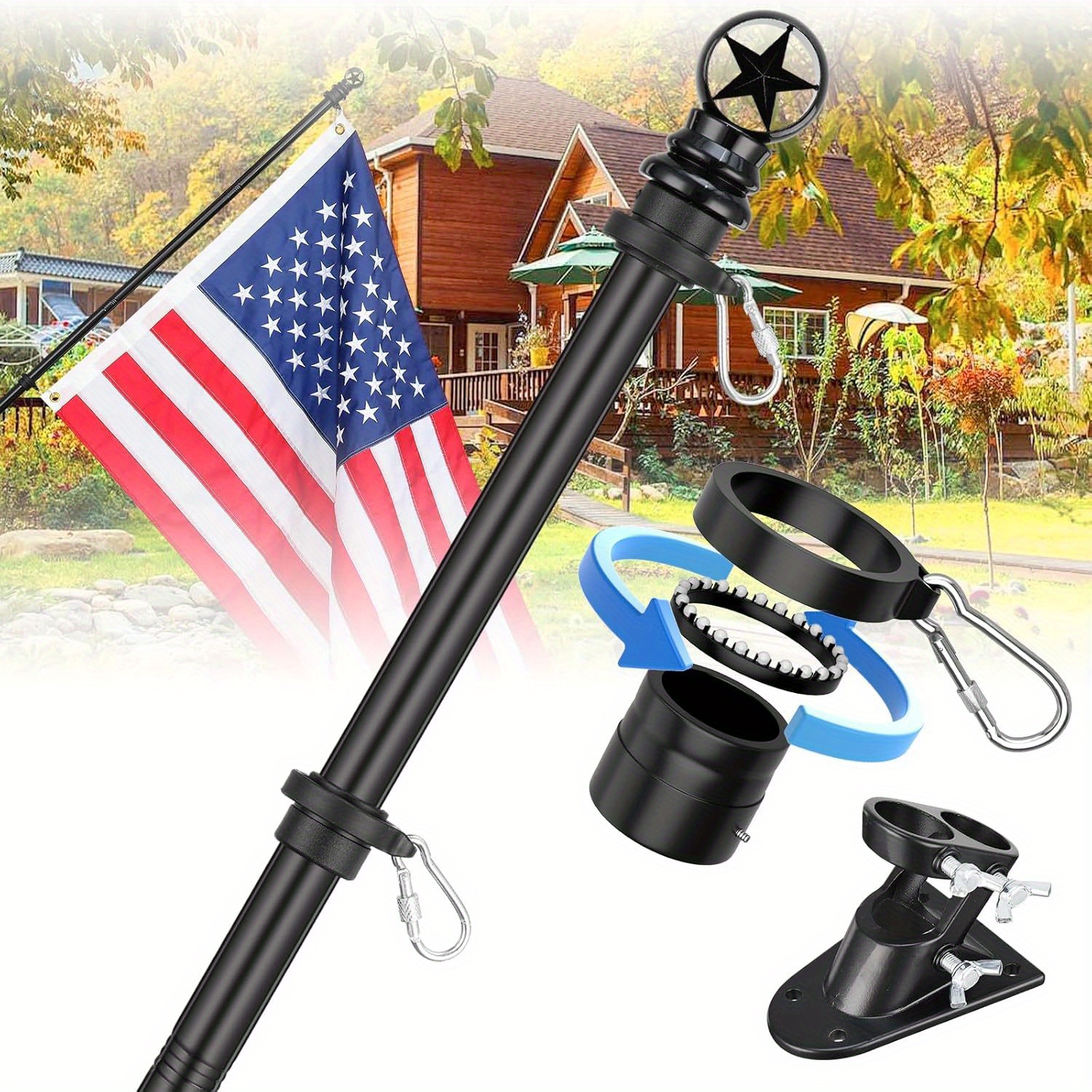 TEMU Porch Flag Pole Kit For House - 5-7ft Heavy Duty Metal Flag Pole Holder For Outside House, Upgraded Free Flagpole With Ball Bearing Swivel Rings