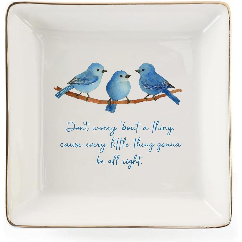 TEMU Ceramic For Blue Decorative Tray With Turquoise Cursive "don't Worry" Message - White Jewelry Organizer Dish, Key Holder, Catch-all Plate For
