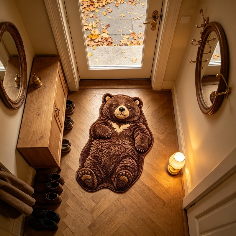 TEMU Velvet 900g 9mm Thin Plush 3d Effect Non-long Pile Living Room Carpet Cozy Brown Bear Bedroom Decoration Bedside Carpet Cute Play Area Plush