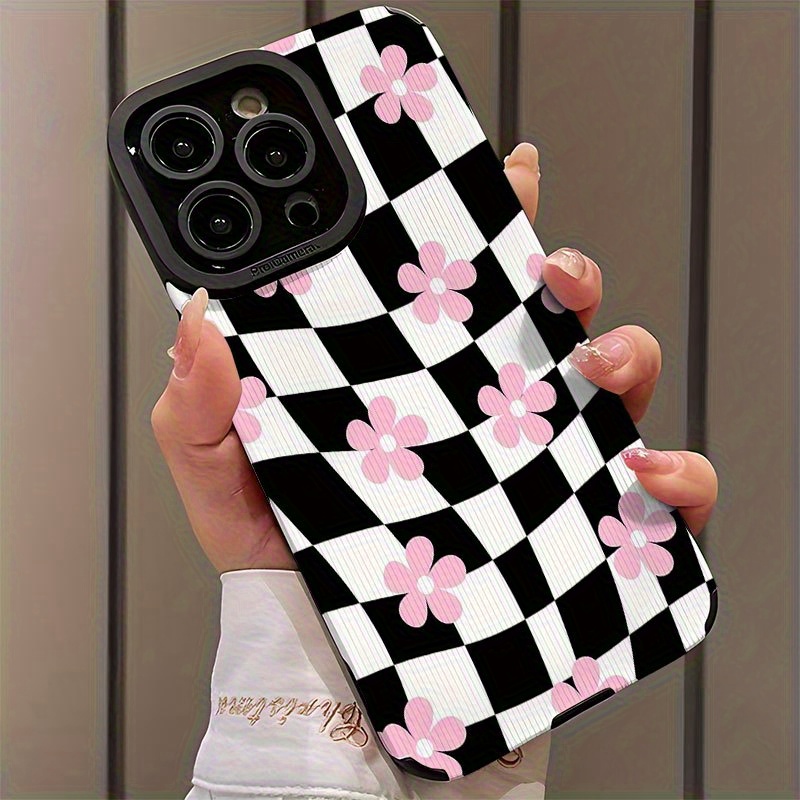 a stylish phone case featuring a black white checkered Temu Bahrain