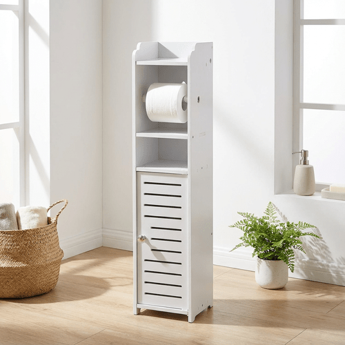 toilet paper storage container freestanding multi layer bathroom shelving unit dustproof cabinet suitable for narrow spaces serves to organize and access items bathroom storage solution minimalist bathroom rack durable storage unit