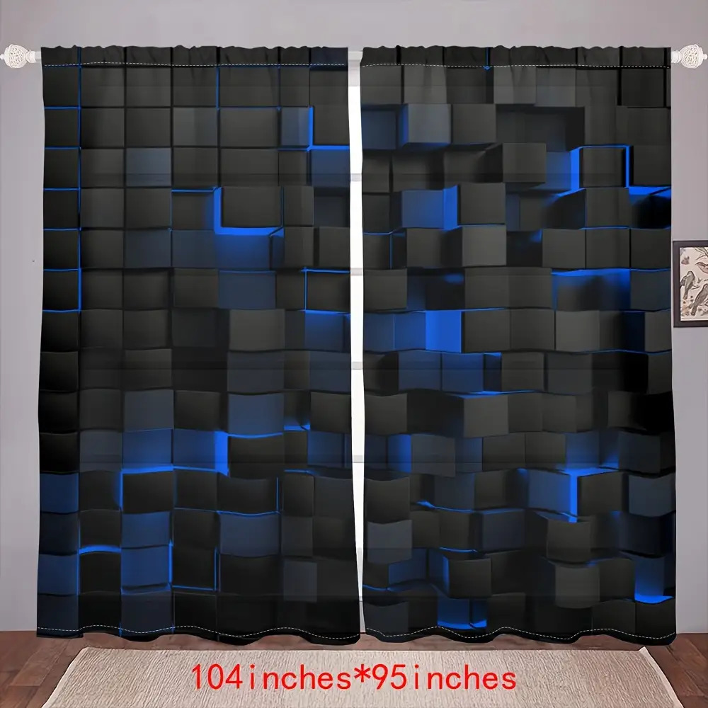 TEMU Vintage-style Blue Geometric Pattern Curtains For Living Room And Bedroom- Set Of 2 Semi-transparent Decorative Panels, Brushed Fabric,