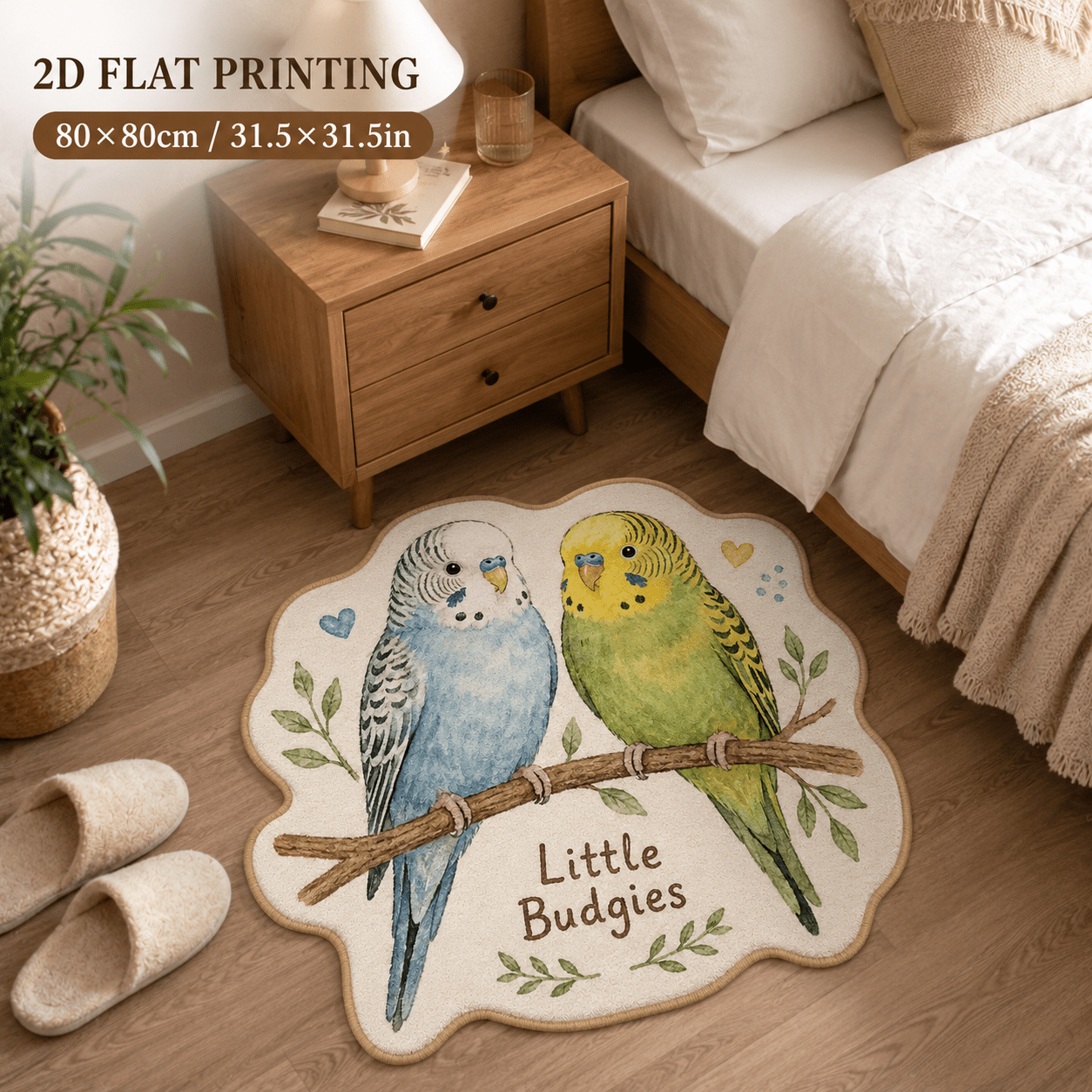 TEMU 1pc 850gsm 7mm Thick Velvet 2d Flat Printed Blue And Green Budgie Birds Shaped Rug Non-slip Machine Washable Bathroom Rug Decorative Floor Mat