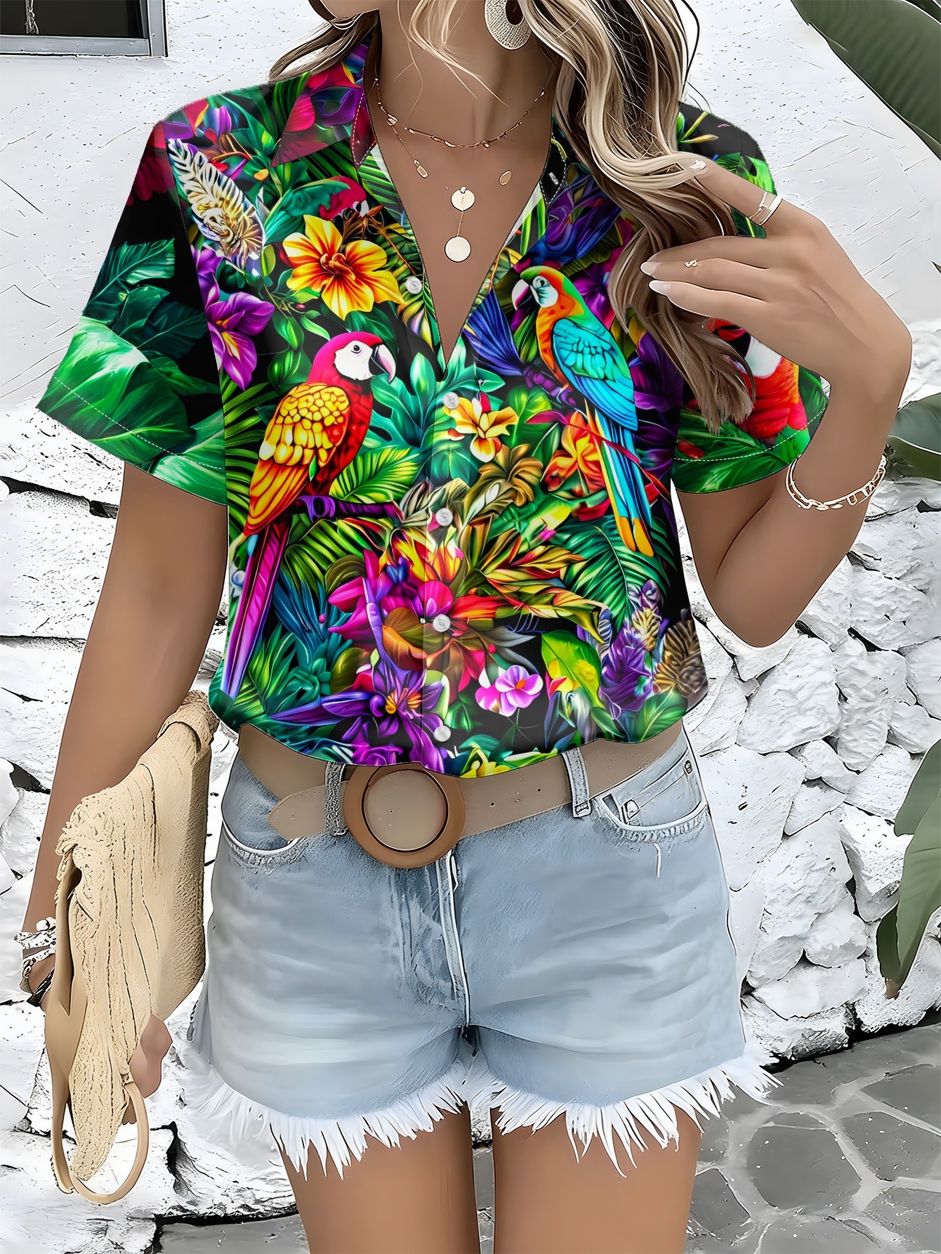 womens short sleeve button up shirt with collar tropical parrot palm print blouse suitable for spring summer beachwear casual button front   washable full body shirt for vacation outfits