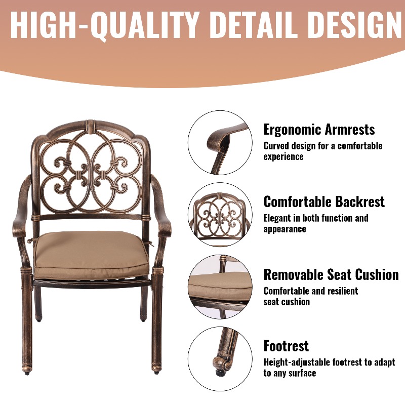 9pcs Cast Aluminum Outdoor Patio Dining Set - Ornate Scrollwork Design, Weather-Resistant Rust-Proof Frame, Square Table & 6 Cushioned Chairs, Suitable for Garden, Backyard & Poolside
