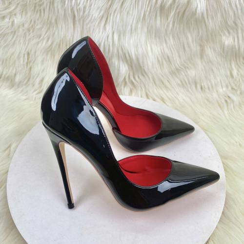 glossy patent black pointed toe heels womens cutout red lining high stiletto slip on fashion shoes women shoes
