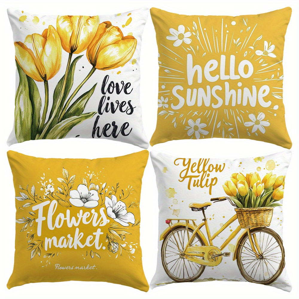 Image of Set Of 4, 45*45cm Polyester Fiber Velvet Yellow Tulip Spring/summer Pillowcases, Suitable For Living Room Sofa Bed