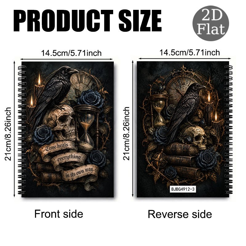 TEMU 1 Dark Gothic-style Notebook With A Crow, , Black Rose, Vintage Clock, And Hourglass Patterned Spiral Binding. Features A Dark, Distressed