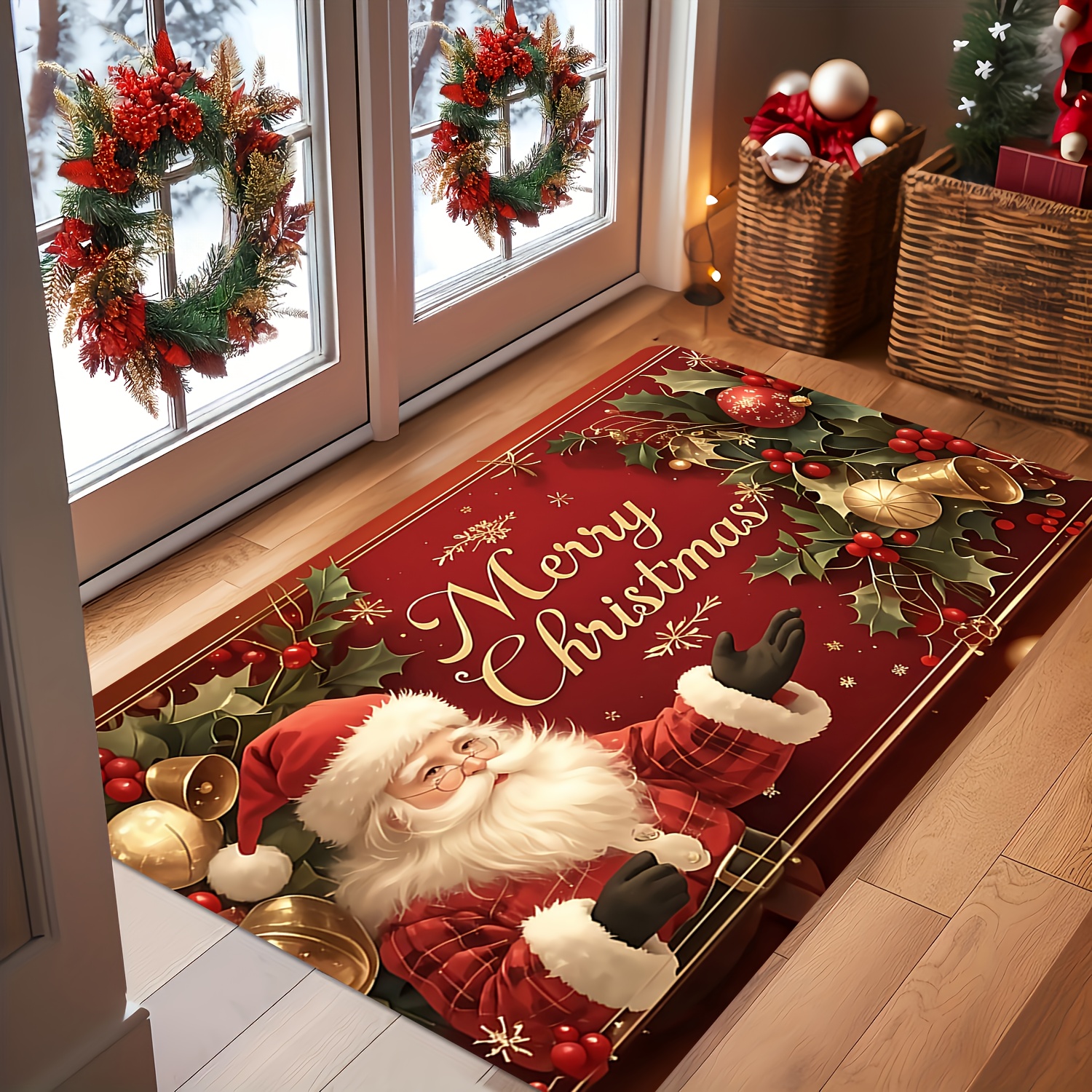 [popular ] 1pc Santa Claus Welcome Mat With Merry Text - Non-slip Washable Polyester For Indoor/outdoor Use, Festive & Golden Accents Holiday Decor