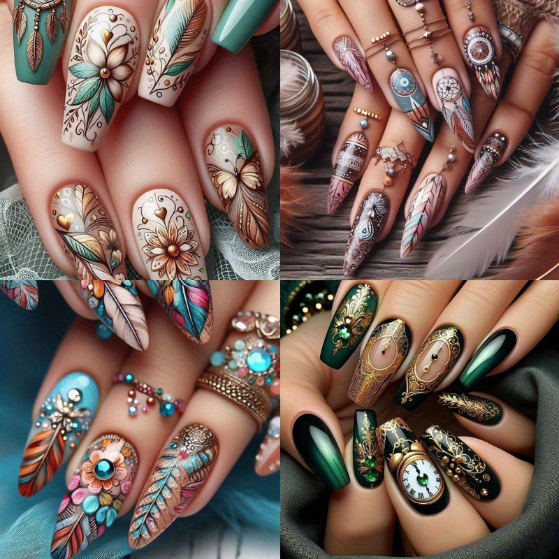 TEMU 96pcs (4-pack) Mixed Color Mandala Patch Nails, Retro Feather Almond Shape, Bohemian Style Glossy End, Suitable For Women During Mid To Long