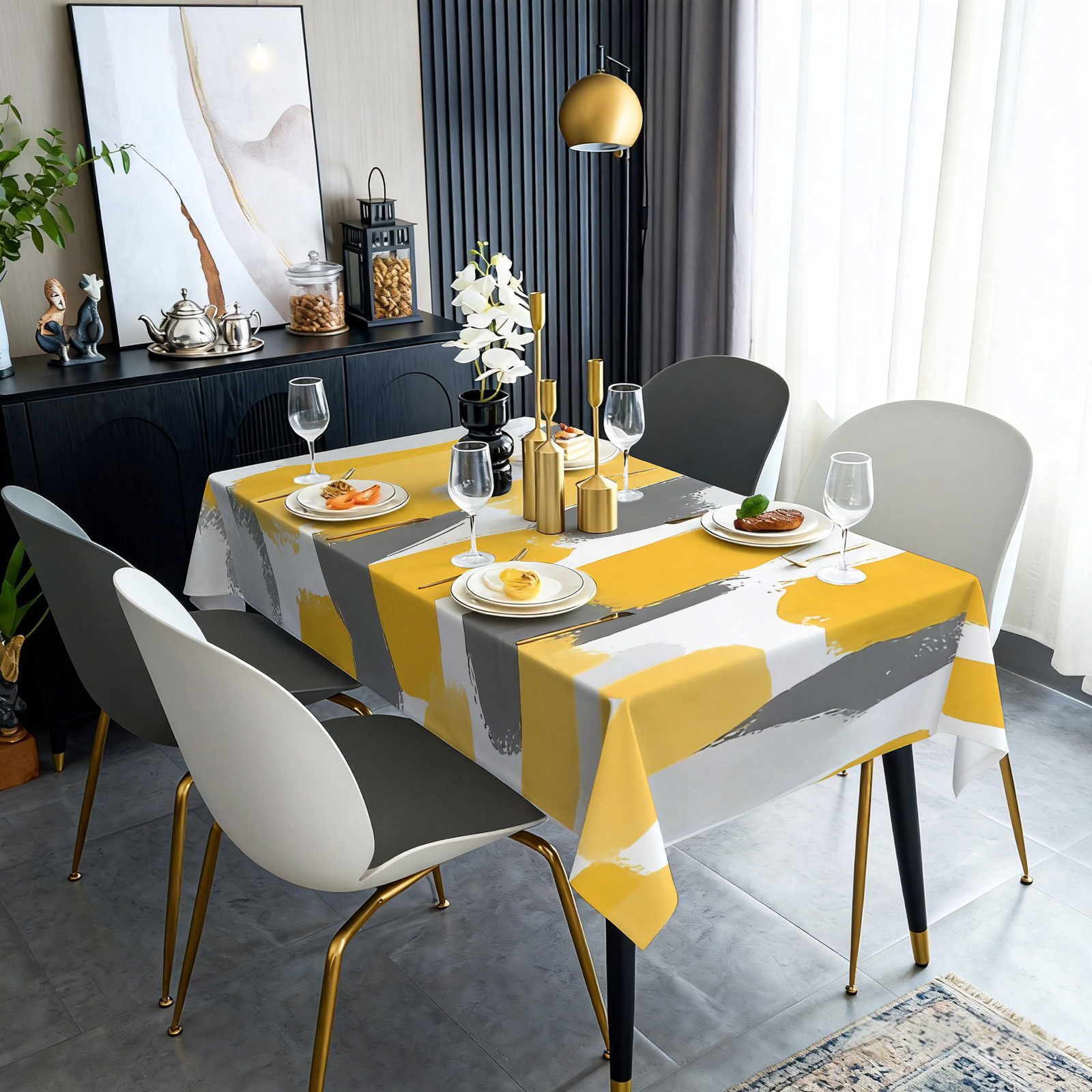TEMU 1pc Yellow And Gray Contrast Color Abstract Smudge Style Tablecloth - 2d Printed, 90×140cm, 140×180cm, 140×220cm, Modern Living Room Placemats