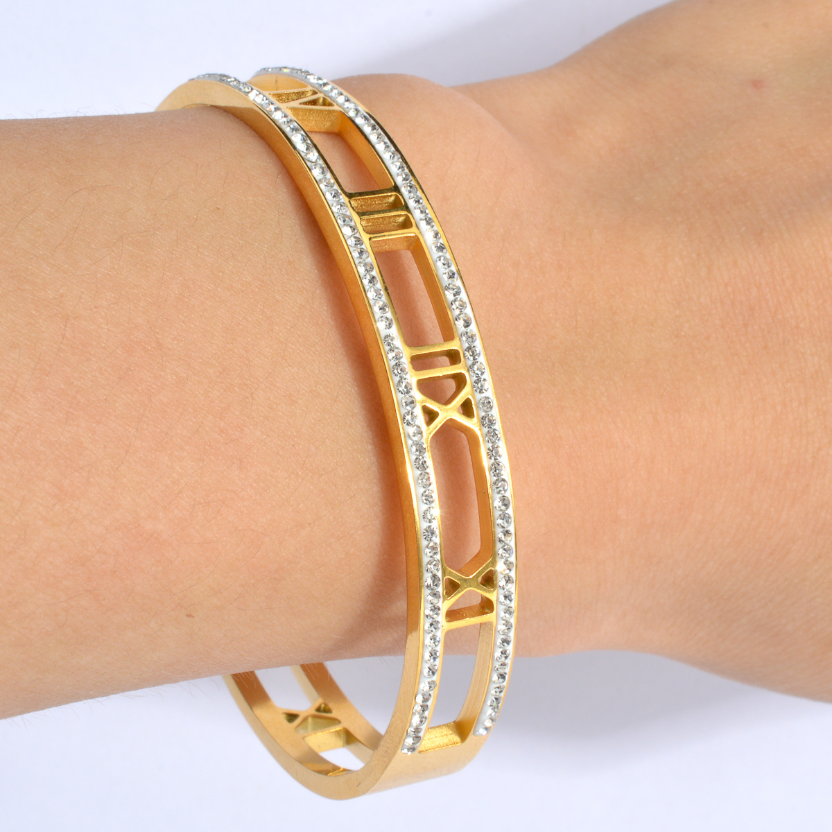 18K Golden Plated Hollow Roman Numeral Bangle Bracelet