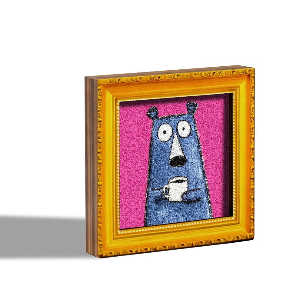 E-shop entzückender Kaffee-Bär-Kühlschrankmagnet, Mini-Dekokunst aus Holz, Bär mit Kaffeetasse, rosa Hintergrunddekoration, Kühlschrankmagnet aus