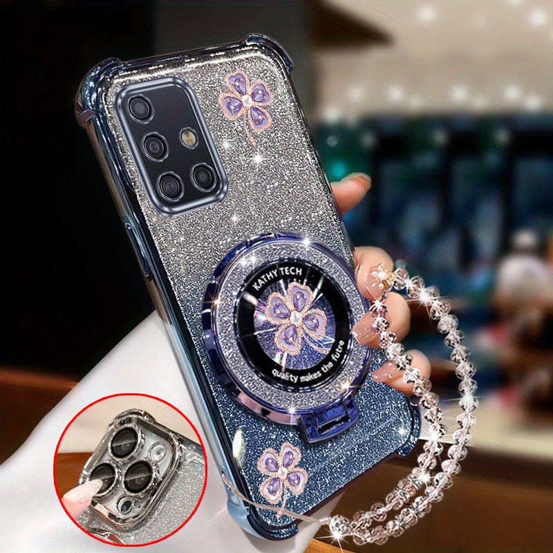 TEMU Shiny Glitter Wrist Strap Magnetic Clover Phone Case For Galaxy A51 4g, Featuring An Anti-knock Shockproof Back