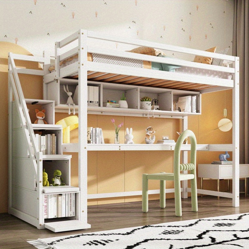 Wooden Bunk Bed 90190cm Loft Bed with Storage Stairs Made of Pine Wood Bed with Large Desk and Sheets with Slatted Frame White
