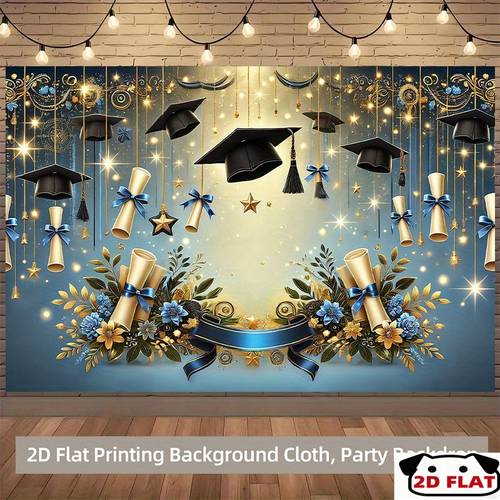poza articolului banner 2d plat - banner 2d plat - un banner decorativ 2d plat, cu un singur banner cu un tematică de petrecere de absolvire - împodobit cu ciucuri , pălării de absolvire, și de panglică albastră. acest decor de perete versatil potrivit pentru sufragerii.