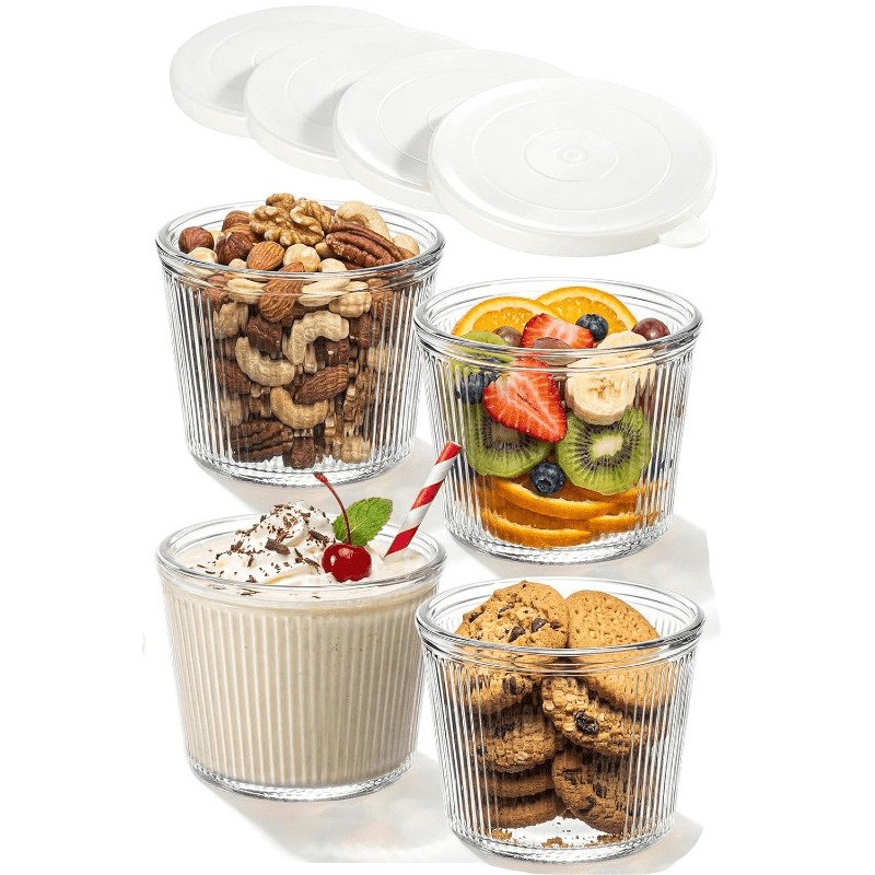 Image of Appker 4/6/8pcs Set Of Small Covered Glass Bowls, 6.8 Oz., Clear Ribbed Glass Containers, Stackable, Suitable For Desserts, Puddings, Sauces, Salads, Nuts, Oats, Candies, Sweets, Cereals, Etc