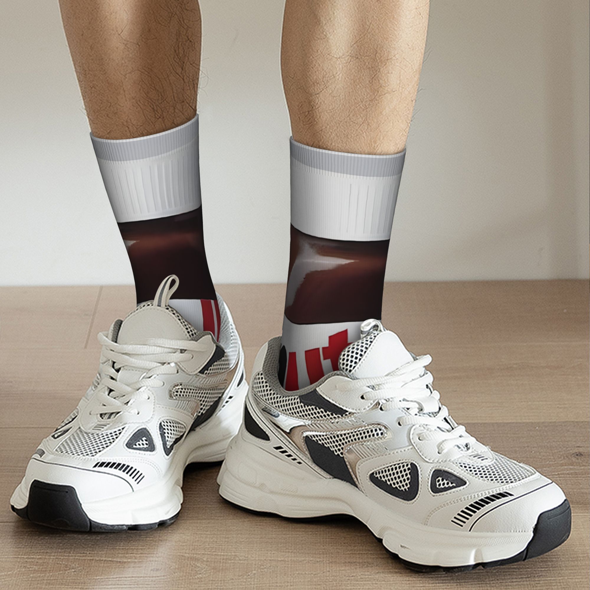 1 Pair Men'S Funny Novelty Crew Socks - Chocolate Hazelnut Spread Design, Hip Hop Harajuku Style, Polyester Knit Fabric (95% Polyester, 5% Elastane), Hand Washable - Ideal for Christmas Gifts and Casual Wear