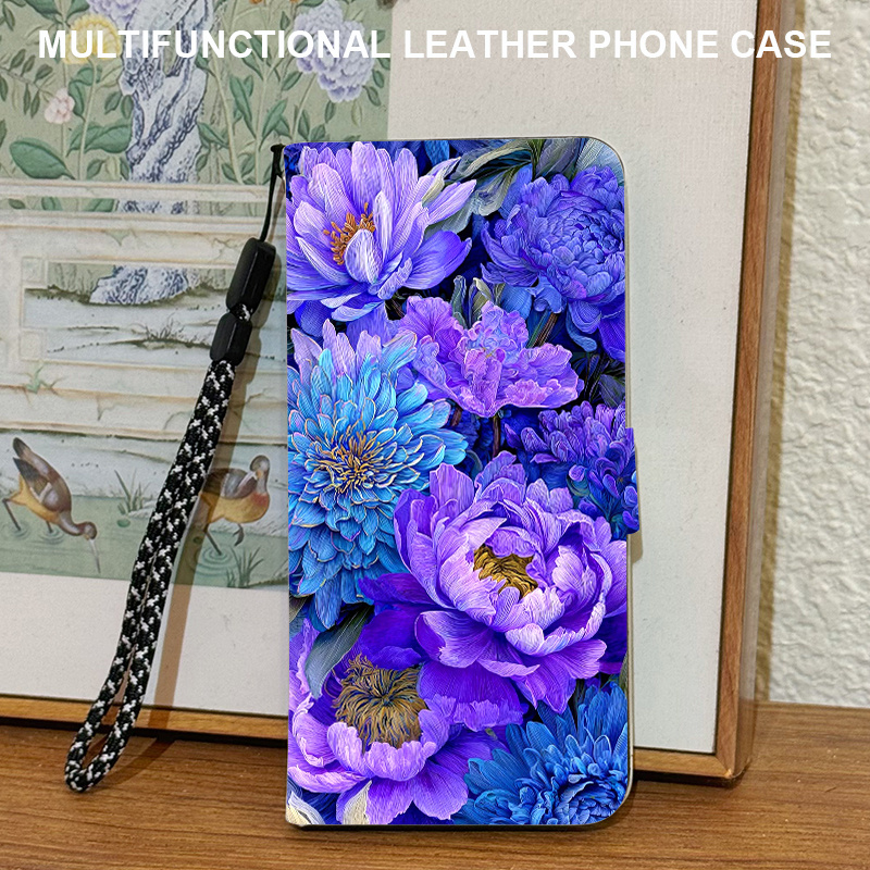 TEMU Phone Case - Purple Flower Pattern Magnetic Flip Full Coverage Anti-drop Phone Case Wallet Protector, Compatible With Iphone 17/17 Air/17 Pro/17