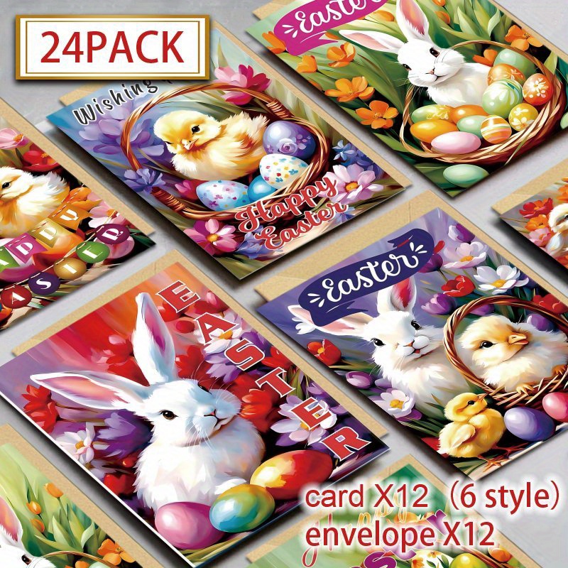 

24 Pack Vintage Easter Bunny & Egg Greeting Cards With Envelopes, Assorted Holiday Cards For , Paper New Year Gift Set