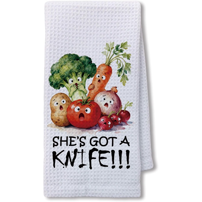 TEMU 1pc Funny " A Knife" Kitchen Towel Suitable For Food Lovers, Humorous Chef Gift With Vegetable & Print, Machine Washable For Housewarming,, For