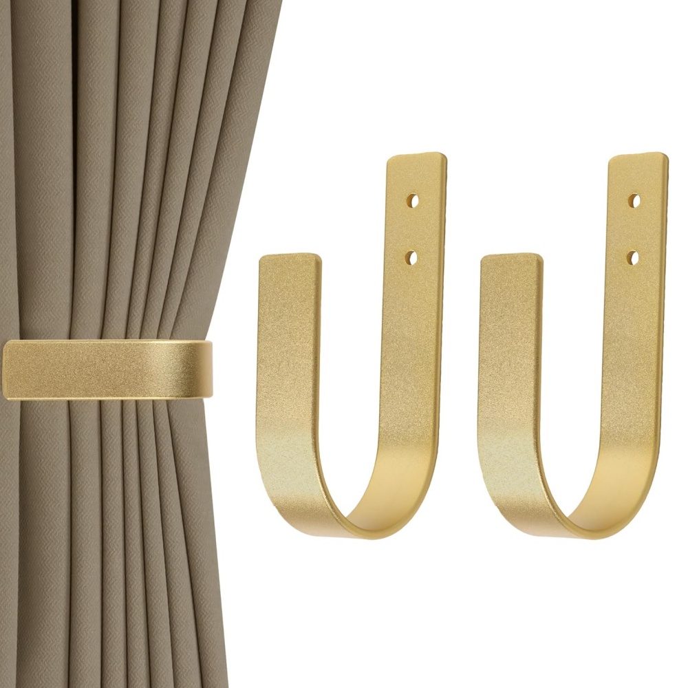item picture 2pcs Curtain Tiebacks - Curtain Storage Hooks with 2 Brackets, 4 Screws, and Expansion Sleeves - Golden, U-Shaped Wall-Mounted Curtain Hooks, Wall-Mounted Curtain Fixing Storage Hooks, Curtain Gathering Hooks, Suitable for   Curtains and Home