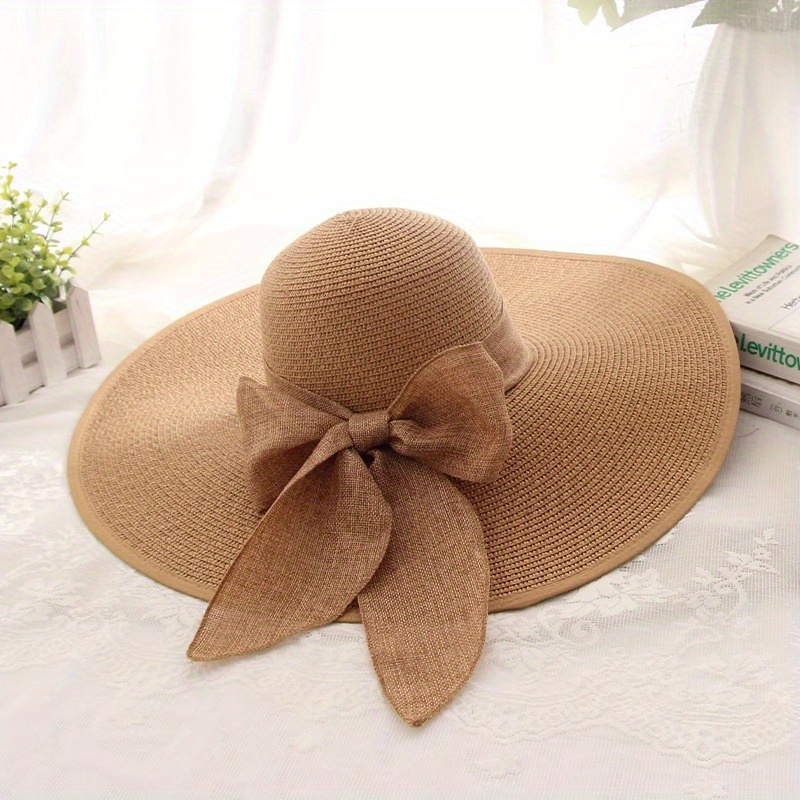 Large Straw Beach Bag and Floppy Sun Hat Set with Rattan Earrings 6pcs set women straw beach bag wide brim floppy sun hats - Temu main image 4
