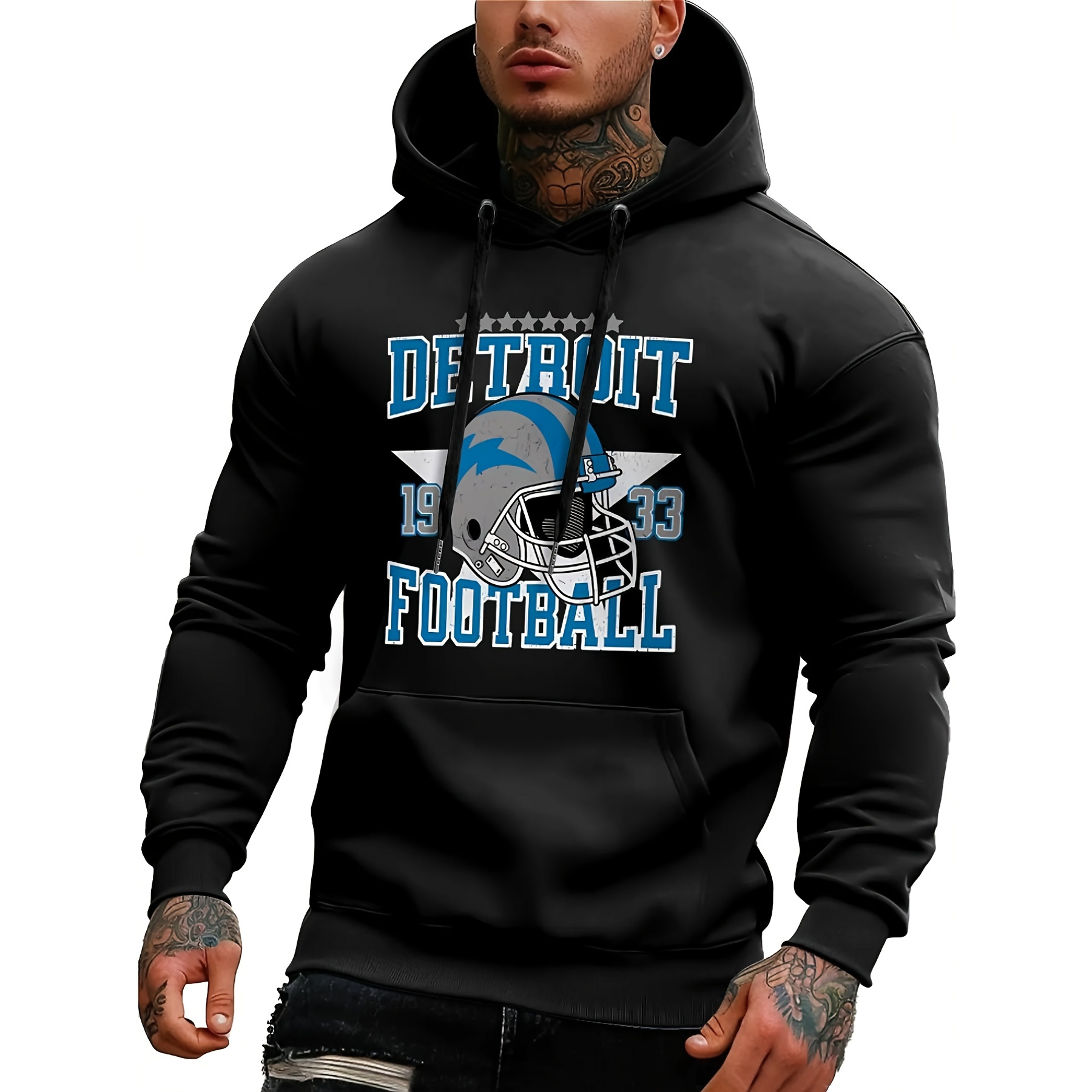 

1pc Detroit Football 1933 Graphic Men's Hoodie - Casual Polyester Pullover With Kangaroo Pocket, Long Sleeve, Slight Stretch Knit Fabric, Digital Heat Transfer, Regular Fit Hooded Sweatshirt