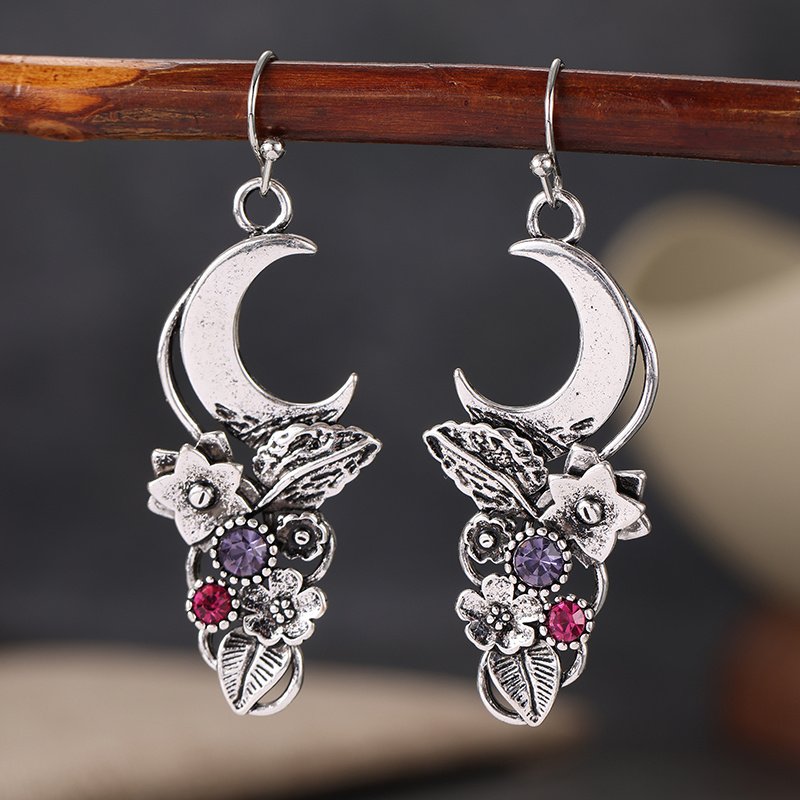 TEMU Boucles d'oreilles élégantes style vintage de croissant et de fleur pour femme, style bohème et style forêt, avec incrustée de synthétique,