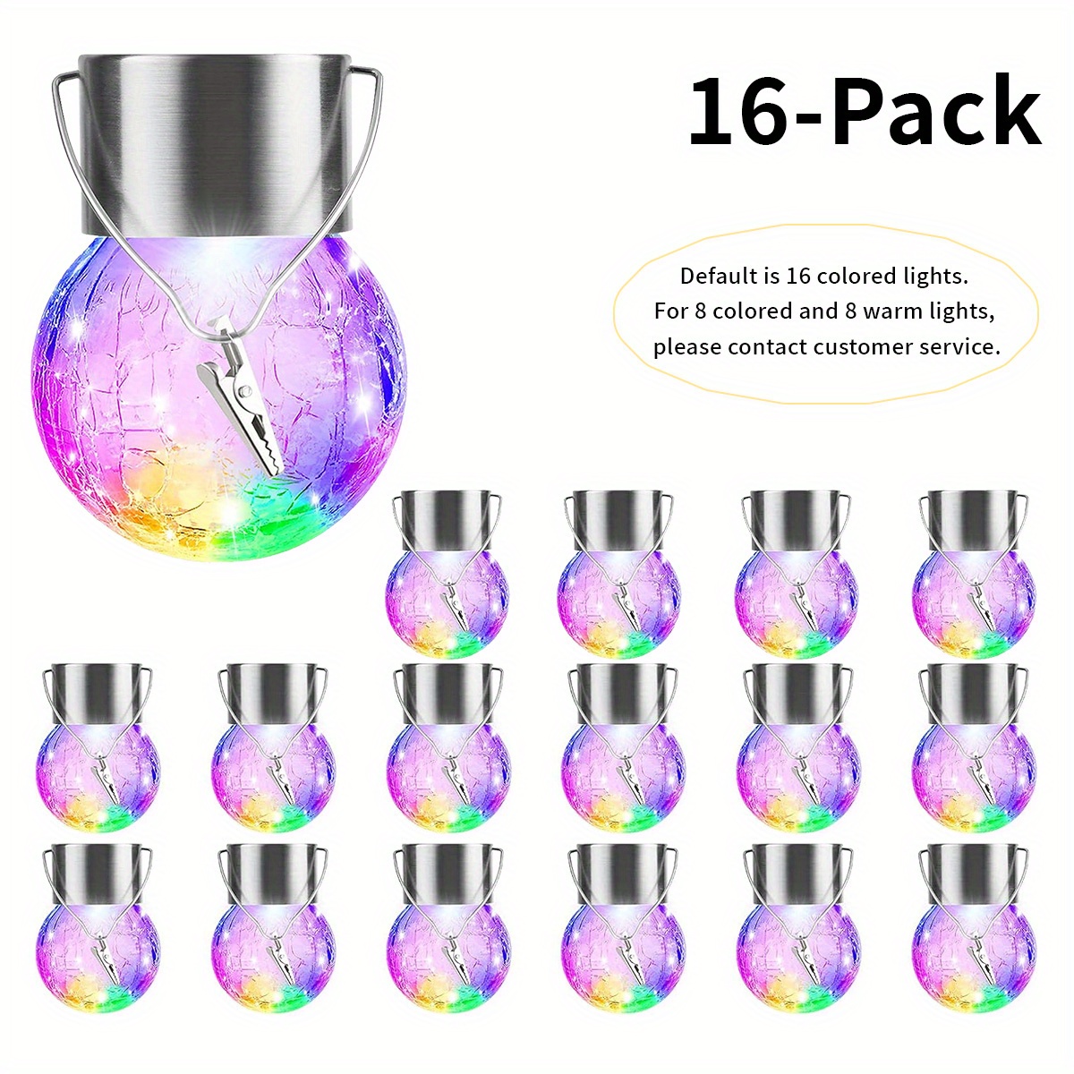TEMU 16pcs Solar-powered Hanging Lights, Waterproof Cracked Ball Lanterns With Handle & Clip, Multicolor Gradient Led Lights, 10-hour , Solar Lights