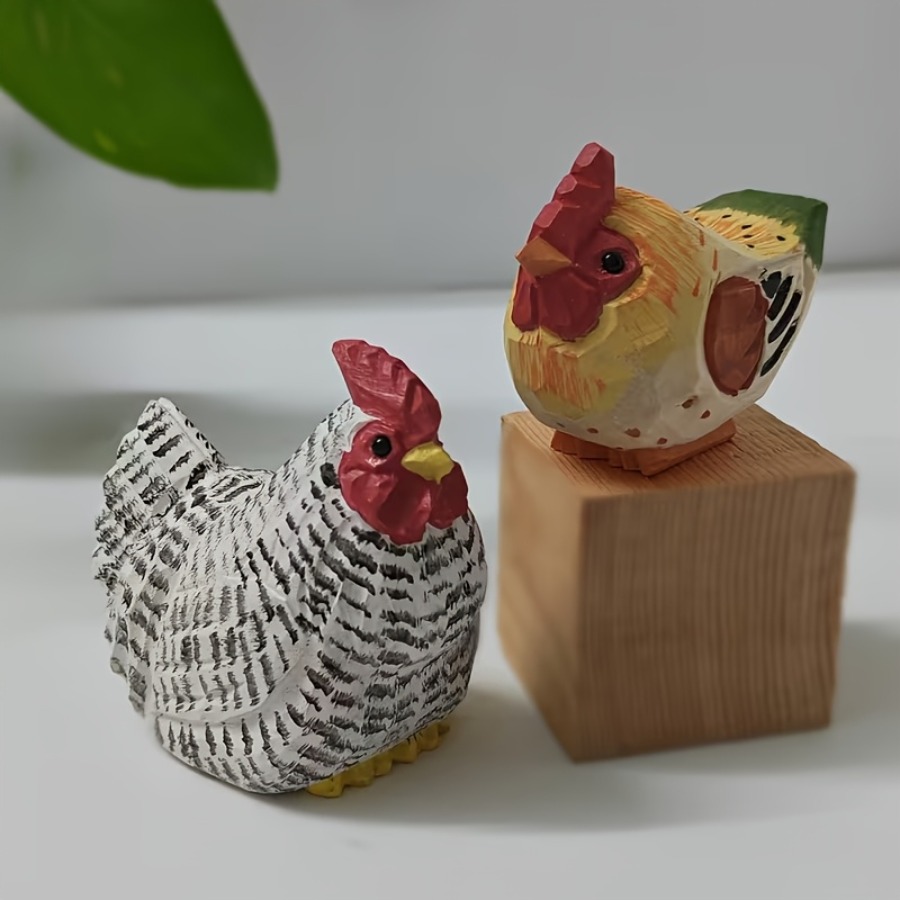TEMU Pair Of Artisan-made Wooden Rooster And Hen Statues | Ideal For Farmhouse Table Decor. Crests, Plumage, And Fringes. Wood With A Durable