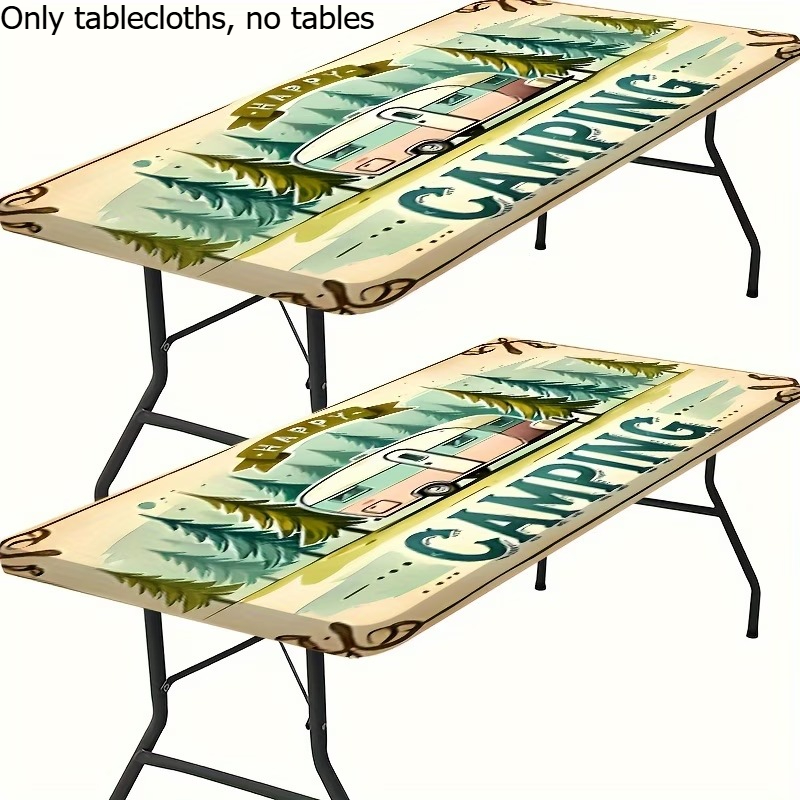TEMU 1pc Framed Elastic Tablecloth - Retro Design, Durable Polyester Rectangular Tablecloth, Suitable For Outdoor Camping, Family Picnics, Indoor/