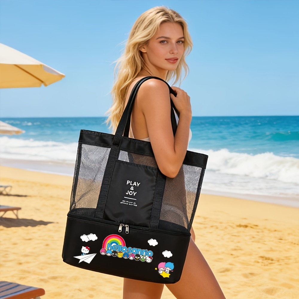 artikel foto   officieel gelicentieerde   mesh stranddraagtas,   capaciteit dubbellaags opvouwbare net schouderhandtas met verdeelde vakken, ademende draagbare zwemkleding opbergtas voor strand zwembad picknick reizen, ideaal vakantiecadeau voor vrouwen