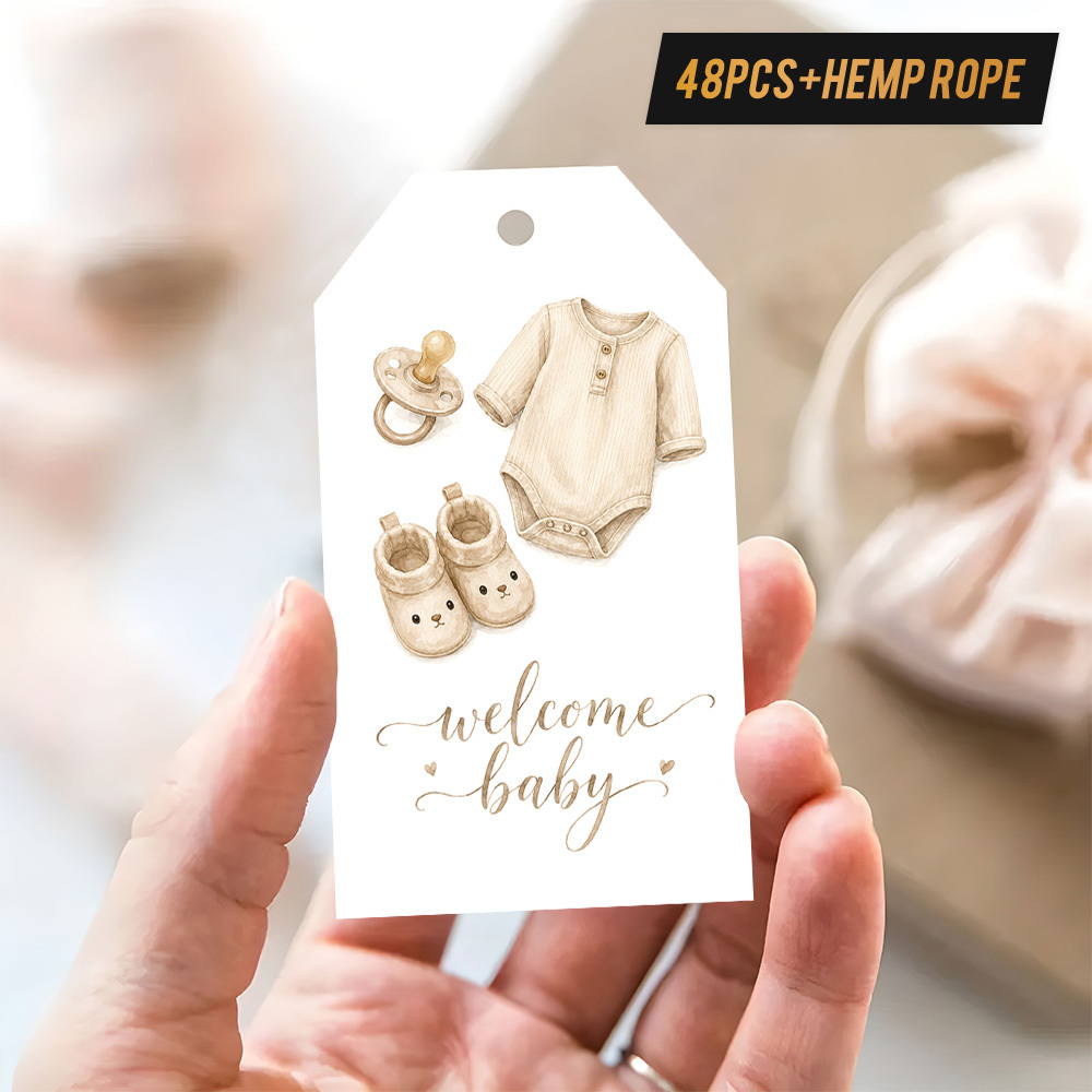 TEMU 48 stuks Cadeaulabels Baby Shower met Jute Touw, met Babykleding, Fopspeen en Schoenen Ontwerp, Geschikt voor Baby Shower, Welkomstfeest, Gender
