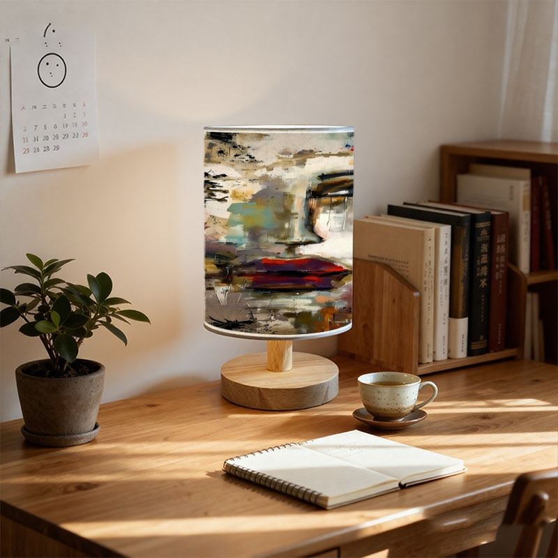 Surreal Abstract Face Full-Print Wooden Desk Lamp