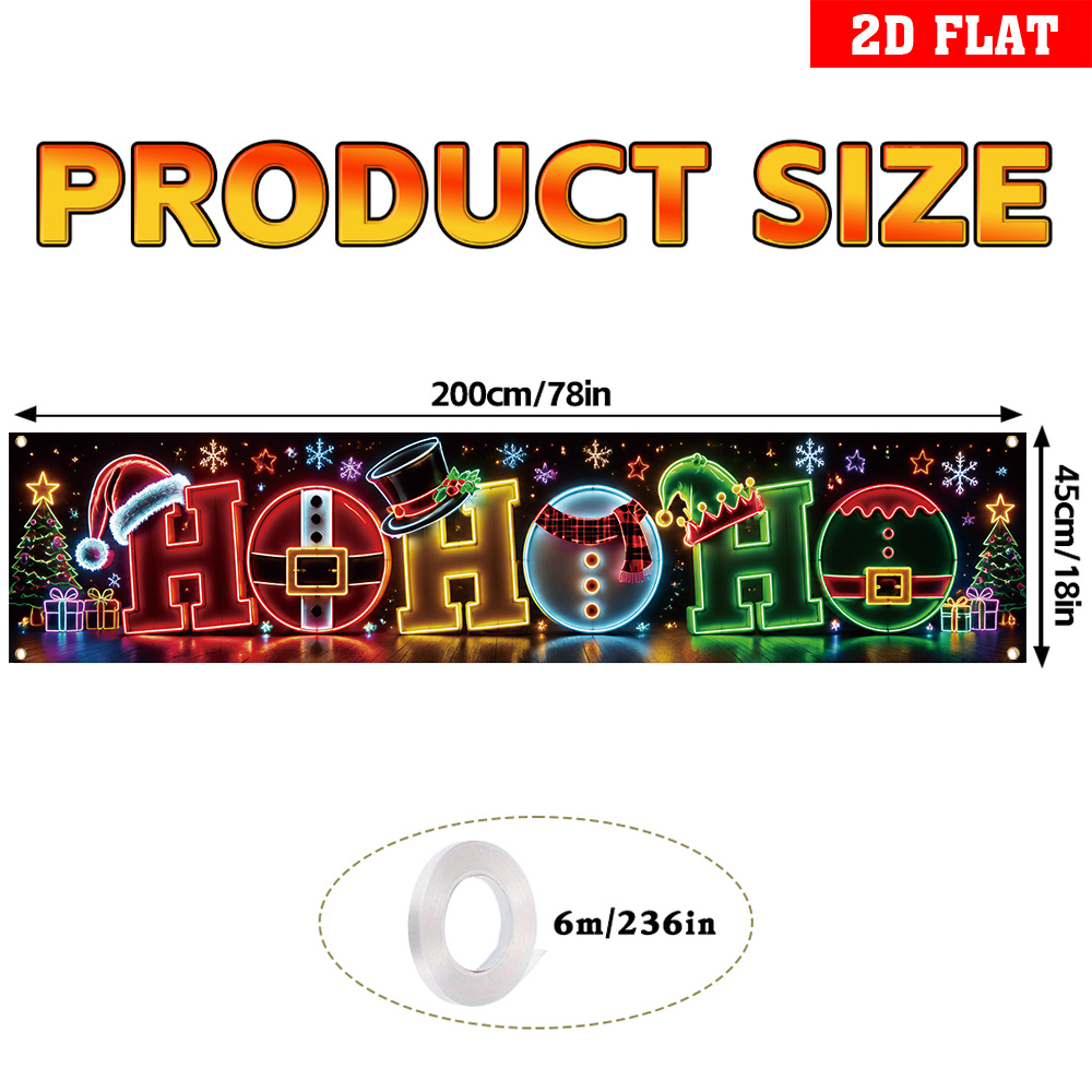 TEMU 2d Flat, 1pc Uv Activated Neon Glow Christmas Banner Suitable For Decoration With Uv Reactive Letters, Santa Hats, Snowman Elf Hats & Tree