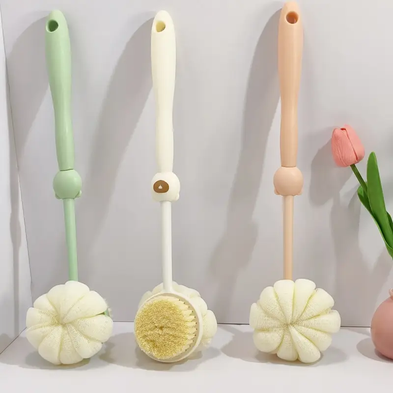 2 in 1 long handle shower brush luffa sponge with bear grip soft dense bristles anti slip hanging design for gentle exfoliating back scrub ergonomic bath shower tool shower accessories bathing accessory bathroom decor body scrubber hygienic material personal hygiene Product details 15